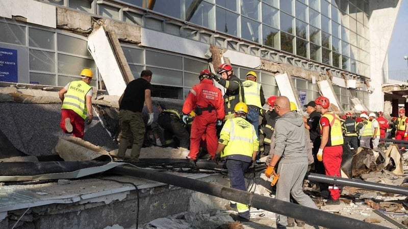 Emergency responders search through the rubble to locate survivors (Pic: Serbian Interior Ministry/ Handout)