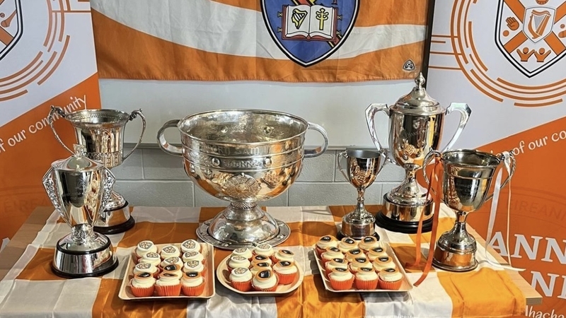 Sam Maguire takes centre stage surrounded by the Gerry Fagan Cup, the Marie Hoye Cup and the Pat McMahon Cup from the Armagh County Board for Club of the Year last year