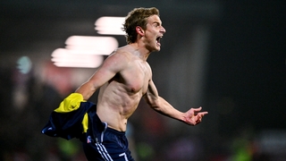 Harry Wood celebrates the goal that saw Shelbourne land the title