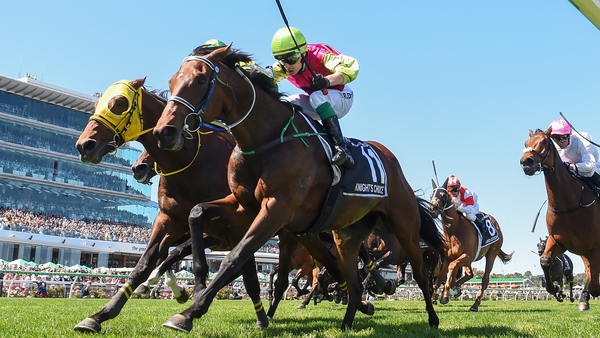 Knight's Choice denies the blinkered Japanese raider Warp Speed by a short head in the Melbourne Cup