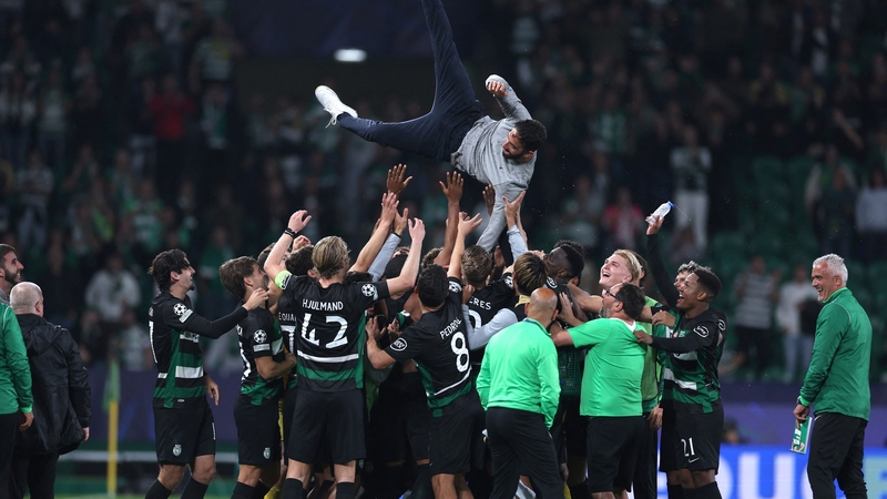 Outgoing Sporting Lisbon boss Ruben Amorim tossed up in the air by his players after their 4-1 win over Man City