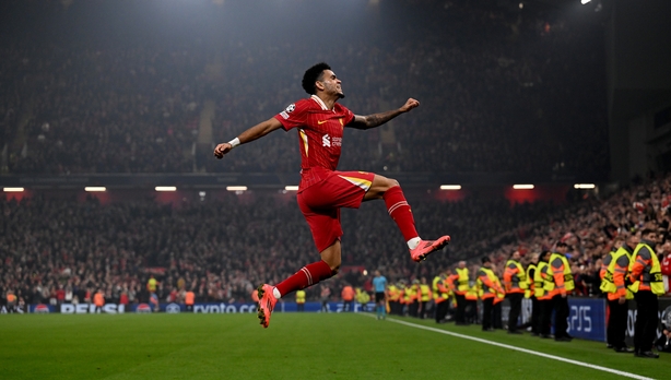 LIVERPOOL, ENGLAND - NOVEMBER 05: (THE SUN OUT, THE SUN ON SUNDAY OUT) Luis Diaz of Liverpool celebrating after scoring the fourth goal during the UEFA Champions League 2024/25 League Phase MD4 match between Liverpool FC and Bayer 04 Leverkusen at Anfield on November 05, 2024 in Liverpool, England. 