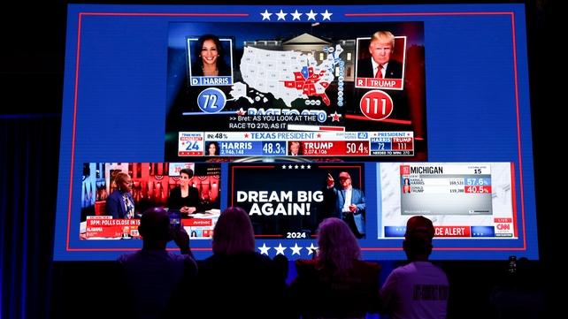 Attendees watch as results are broadcast during an election night event at the Palm Beach Convention Centre in West Palm Beach, Florida