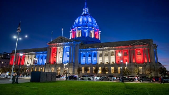 San Francisco City Hall lit up red, white, and blue for the results