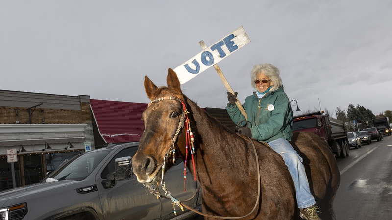 Vancie Tuner and her horse Clementine rally people to vote in Driggs, Idaho