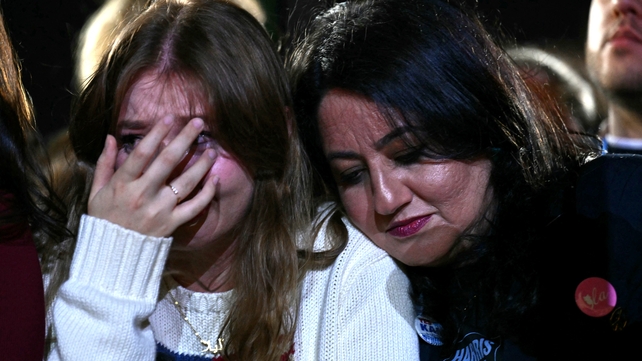 Supporters react to election results during an election night event for US Vice President and Democratic presidential candidate Kamala Harris