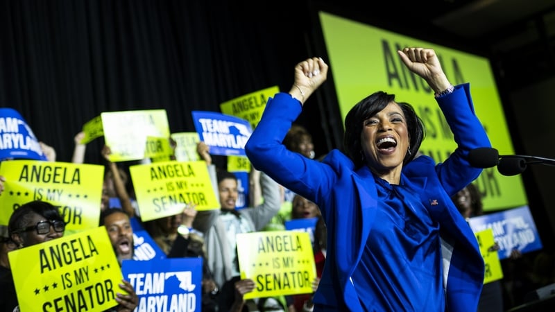 Senator-elect Angela Alsobrooks arrives on stage to speak after the winning results were announced