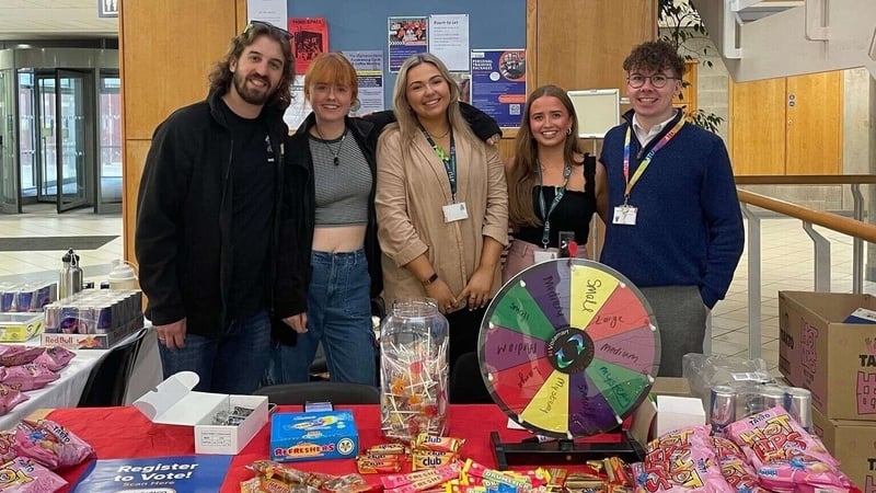 Áine Hatzer (C), and other USI and ATU SU Donegal officers, at the 'Spin the Wheel' roadshow