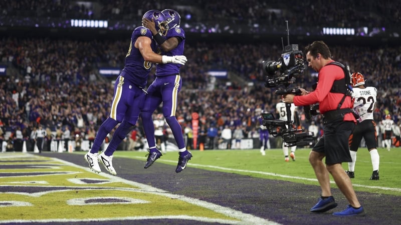 Mark Andrews and Lamar Jackson of the Baltimore Ravens celebrate a second-half touchdown against the Cincinnati Bengals