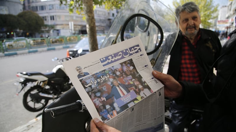 A view of the front page of an Iranian newspaper after Donald Trump's presidential election victory
