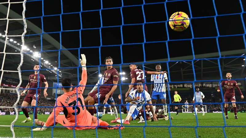 Joao Pedro scoring Brighton's equaliser as they came from behind to beat Man City