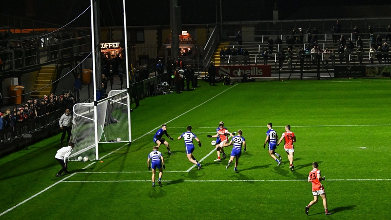 Niall O'Callaghan of Cuala shoots to score his side's second goal against Naas