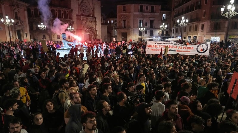 Demonstrators gather in a square during a demonstration to demand the resignation of Valencia Regional President Carlos Mazon