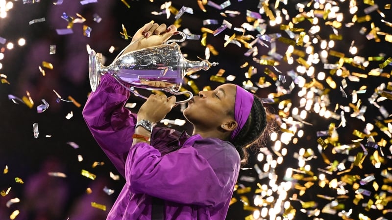 Coco Gauff celebrates her title win in the Saudi capital