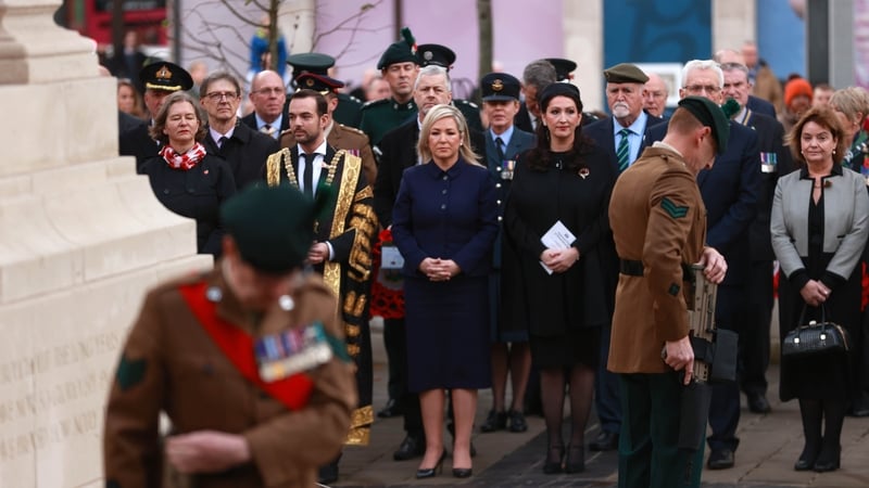 Michelle O'Neill laid a laurel wreath at the Cenotaph at Belfast City Hall, alongside Deputy First Minister Emma Little-Pengelly of the DUP
