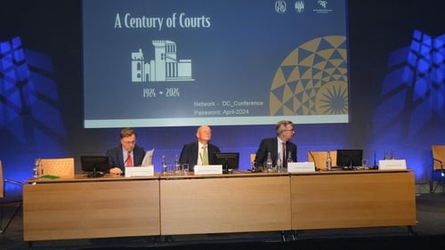 Chief Justice Donal O'Donnell, High Court President David barniville and Supreme Court judge Gerry Hogan speaking at event to mark the centenary of the Irish Courts