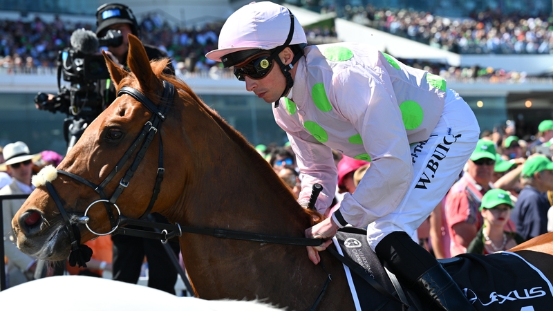 William Buick riding Vauban to the start before the Melbourne Cup on Tuesday