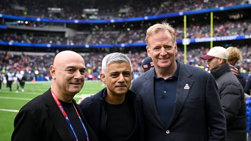 Roger Goodell (R) with Tottenham Hotspur chairman Daniel Levy and London Mayor Sadiq Khan at an NFL game in London on 13 October