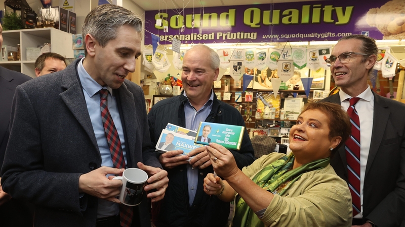 Taoiseach Simon Harris is gifted some chocolate by his jiving partner Helen Drum from Sound Quality Gifts in Monaghan
