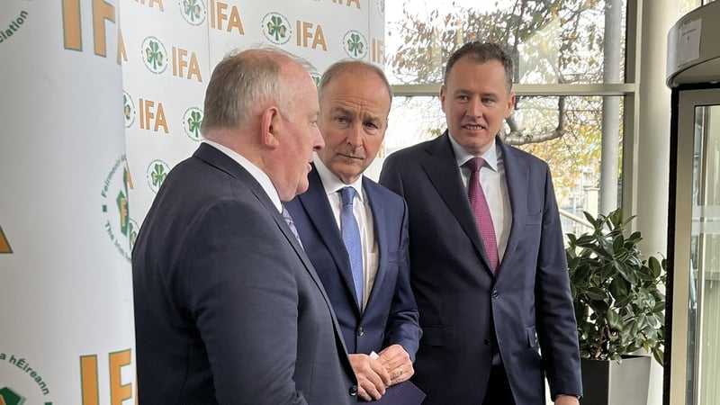 Micheál Martin with Charlie McConalogue (L) and IFA President Francie Gorman at the Irish Farm Centre in Dublin