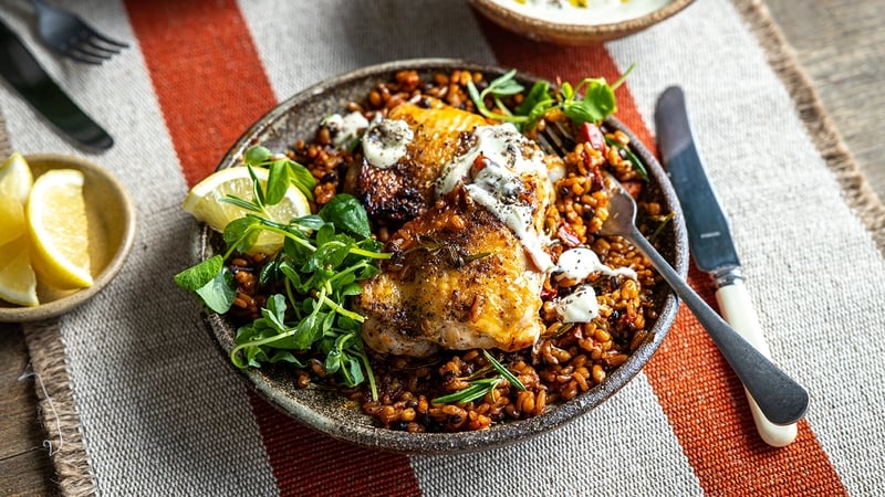 Donal's spiced chicken with chorizo lentils