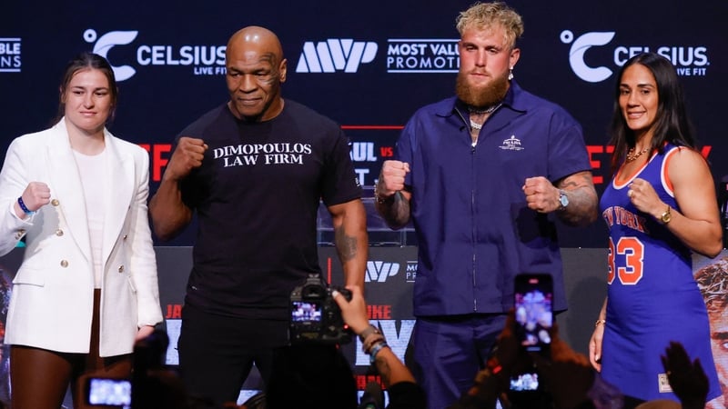 (From L) Katie Taylor, Mike Tyson, Jake Paul and Amanda Serrano pose at a press conference in New York in May