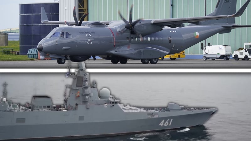 Above: Defence Forces C295 plane, Below: Russian vessel, Admiral Golovko