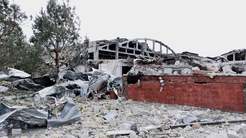 A view of a damaged hangar in the aftermath of Russian shelling in Kyiv