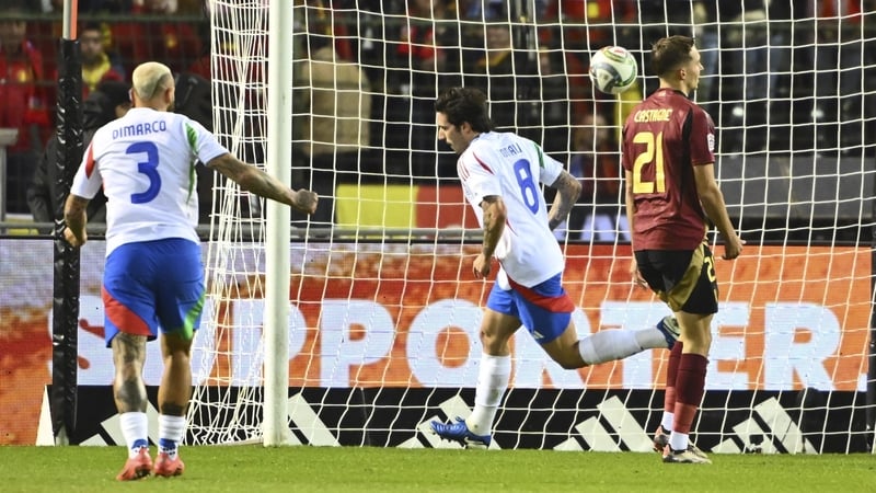 Italy's Sandro Tonali scores the only goal of the game against Belgium