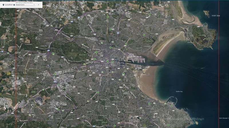 The Urban Sense project has deployed monitors utilising rooftop mobile phone masts to record greenhouse gas emissions around the city. Map: Terrain-AI