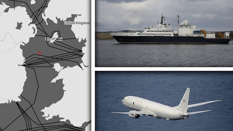 Left: The Yantar's last confirmed location. Top: The Yantar (mil.ru) Bottom: British RAF P8 Surveillance plane