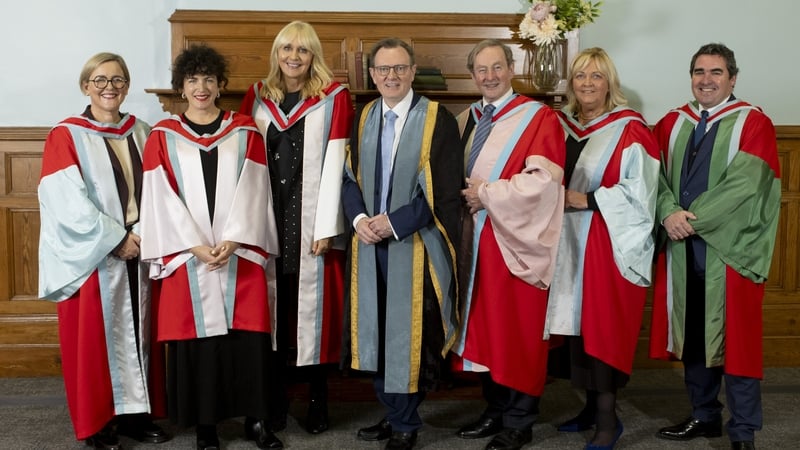 (L-R): Sinéad Rocks, Annie Mac, Miriam O'Callaghan, Vice-Chancellor Professor Ian Greer, Enda Kenny, Valerie Ingram and Clive Black
