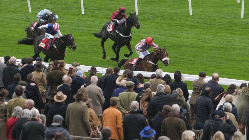 Sweet David (grey and red silks) comes home up the stands' rail at Cheltenham