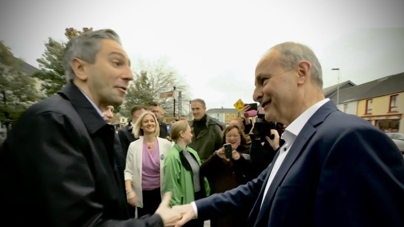 Simon Harris and Micheál Martin meet during the campaign trail in Killorglin, Co Kerry