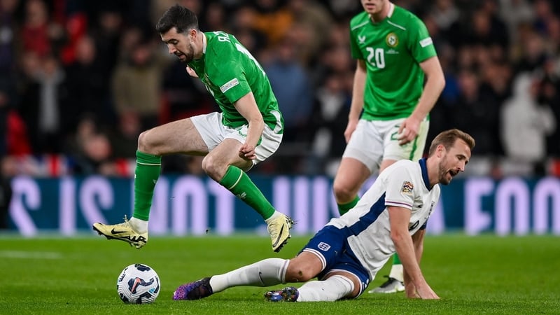 Ireland's Finn Azaz and England's Harry Kane in action at Wembley Stadium last night. Photo: Stephen McCarthy/Sportsfile