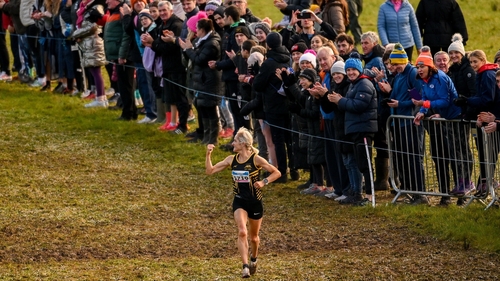 Ann-Marie McGlynn celebrates victory in the women's race at Castle Irvine Estate in Irvinestown