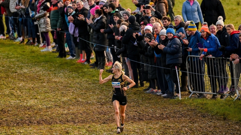 Ann-Marie McGlynn celebrates victory in the women's race at Castle Irvine Estate in Irvinestown