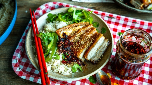 This indulgent pork belly pops in the air fryer while you crack on with the zingy slaw.