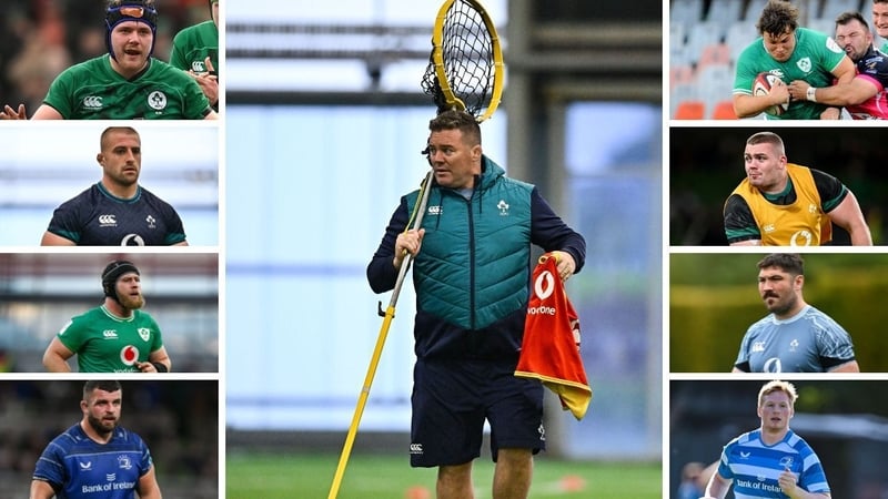 Ireland scrum coach John Fogarty (centre), along with (clockwise from top right) Alex Usanov, Jack Boyle, Tom O'Toole, Paddy McCarthy, Michael Milne, Jeremy Loughman, Jordan Duggan and George Hadden
