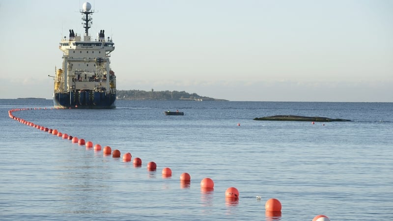 The telecommunications cable being laid in the Baltic Sea off the shore of Helsinki in Finland in 2015