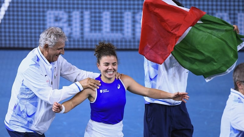 Jasmine Paolini celebrates after defeating Slovakia's Rebecca Sramkova