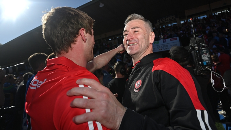 Rory Gallagher (R) and Brendan Rogers after Derry won the 2022 Ulster SFC final