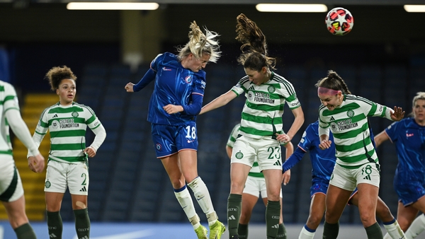 Wieke Kaptein scores Chelsea's second goal against a Celtic side featuring Ireland defender Caitlin Hayes (r)