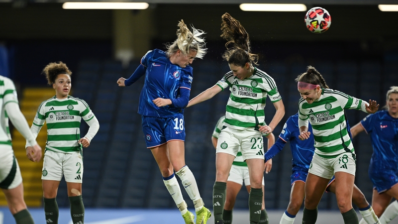 Wieke Kaptein scores Chelsea's second goal against a Celtic side featuring Ireland defender Caitlin Hayes (r)