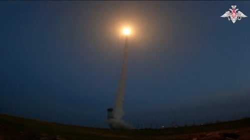 Video screengrab shows the test-launch of an ICBM at the Kapustin Yar training ground in Astrakhan region on 12 April 2024