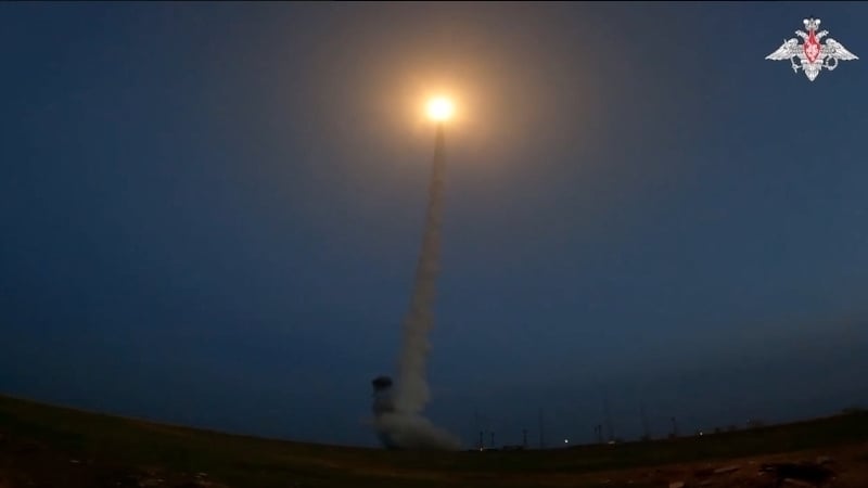 Video screengrab shows the test-launch of an ICBM at the Kapustin Yar training ground in Astrakhan region on 12 April 2024