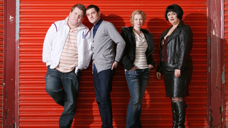 James Corden as Smithy, Mathew Horne as Gavin, Joanna Page as Stacey and Ruth Jones as Nessa, from the first season of Gavin & Stacey
