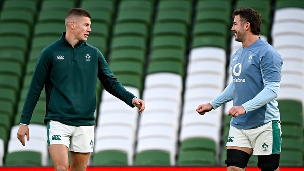 Caelan Doris (r) chats to Sam Prendergast during the captain's run at Aviva Stadium