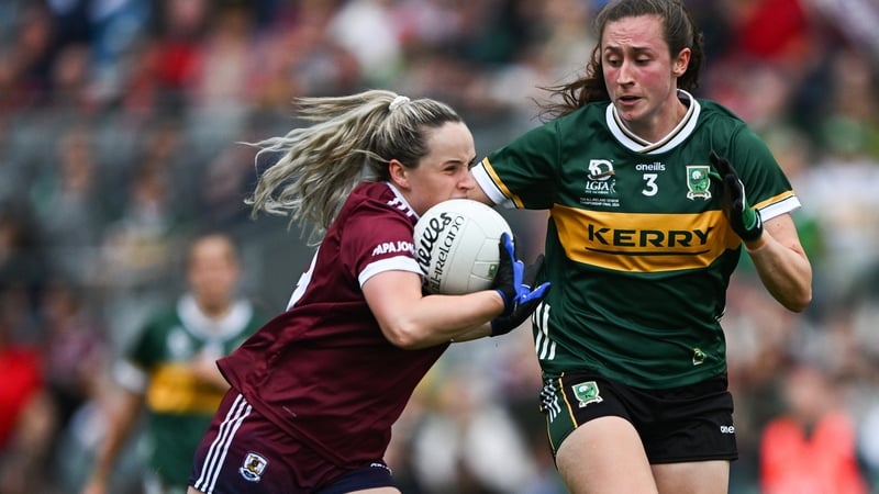 Kayleigh Cronin (R) tackles Galway's Andrea Trill during the Ladies SFC final