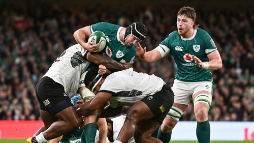 Caelan Doris scored the first of Ireland's eight tries